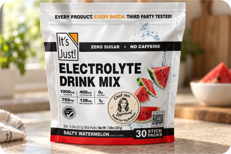Fictional Chef Jen co-branding example on an Electrolyte Drink Mix pouch