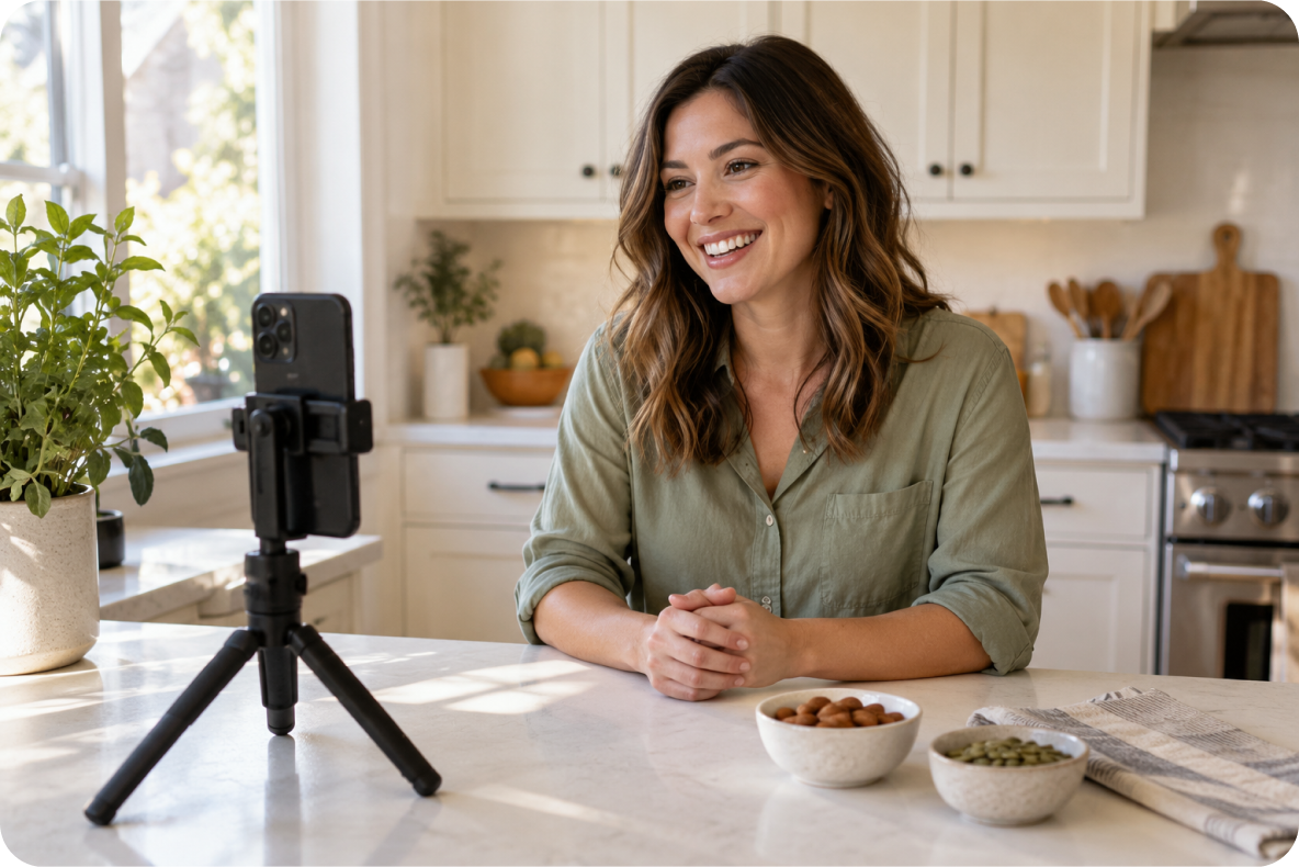 A creator filming in a home kitchen